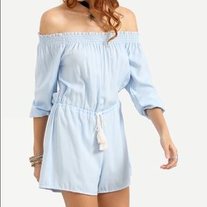 Blue Off-The-Shoulder Tassel-Tie Romper